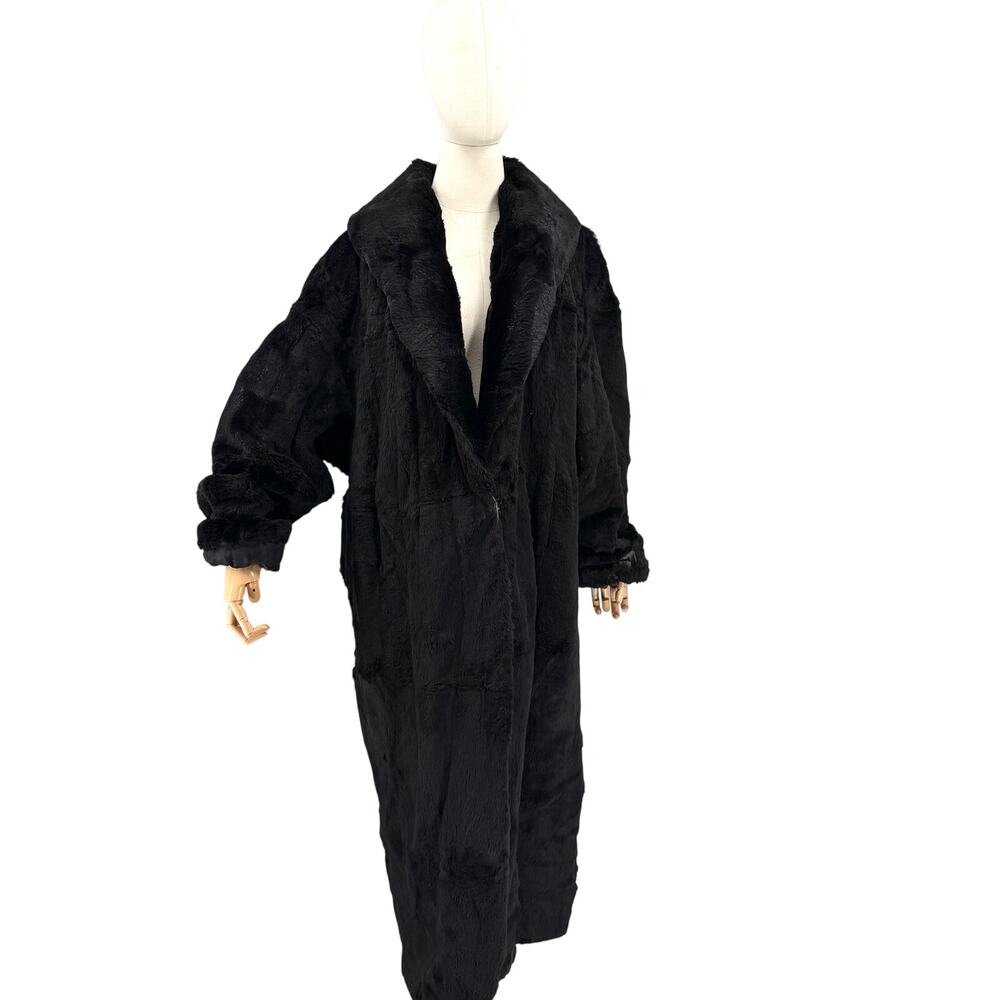 Vintage 90s Black Genuine Sheared Nutria Fur Long Duster Overcoat Jacket